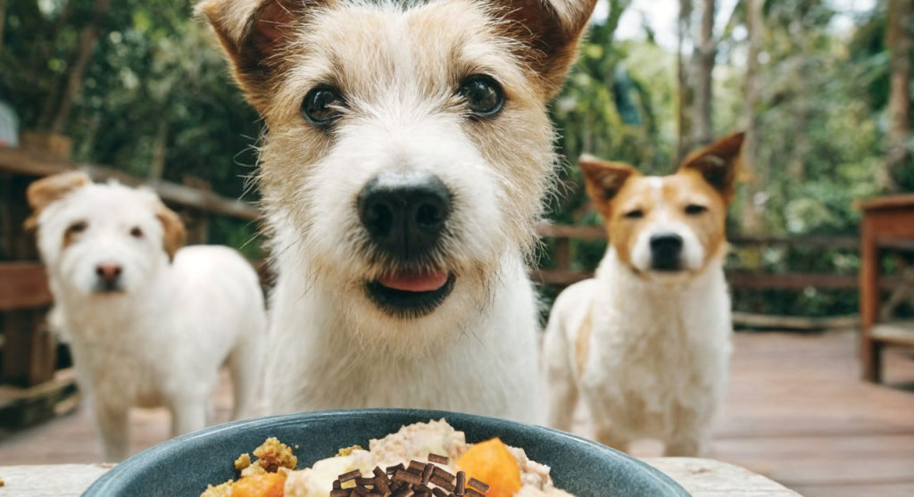 Three dogs standing behind a food bowl with dog food and vegetable-based topper pellets