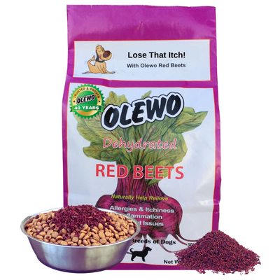 Olewo Red Beets bag behind dog food bowl and a pile of dehydrated red beet chips