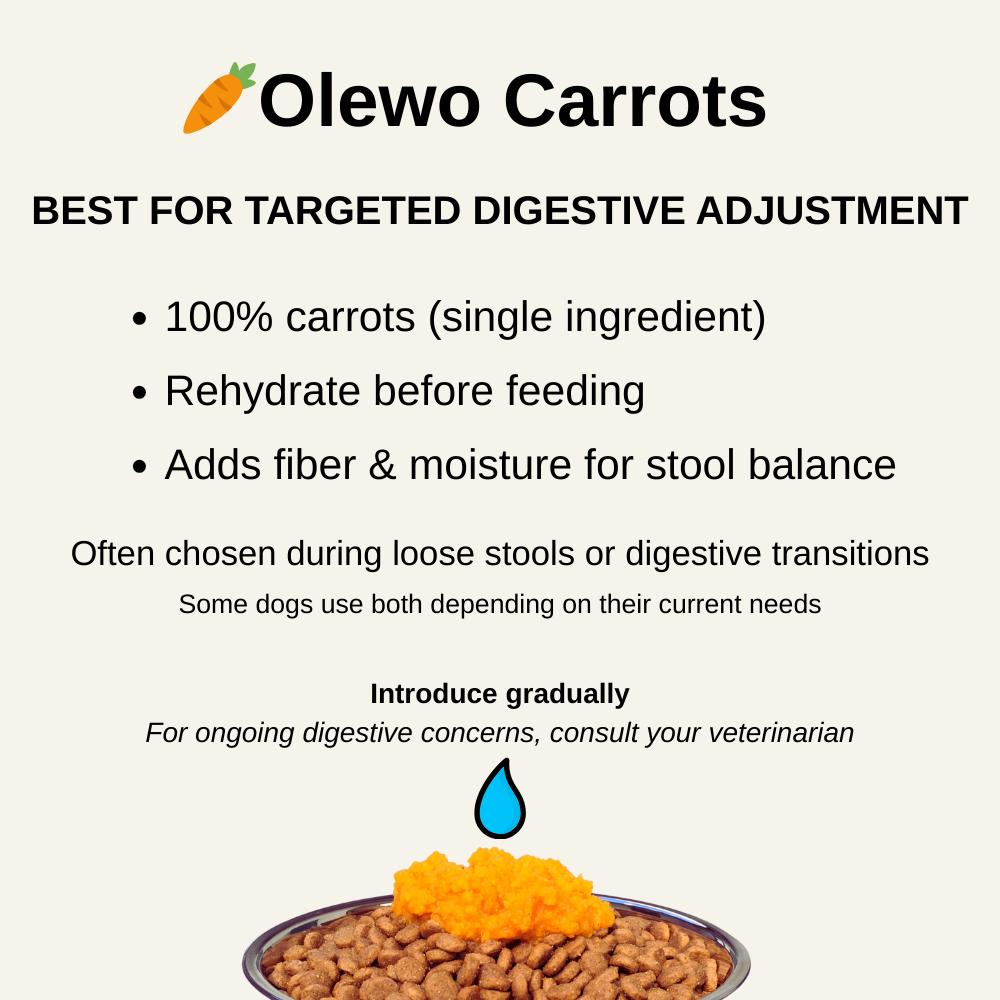 Infographic comparing Olewo Carrots dog food topper, showing a bowl of kibble topped with rehydrated carrots and highlighting targeted digestive support.