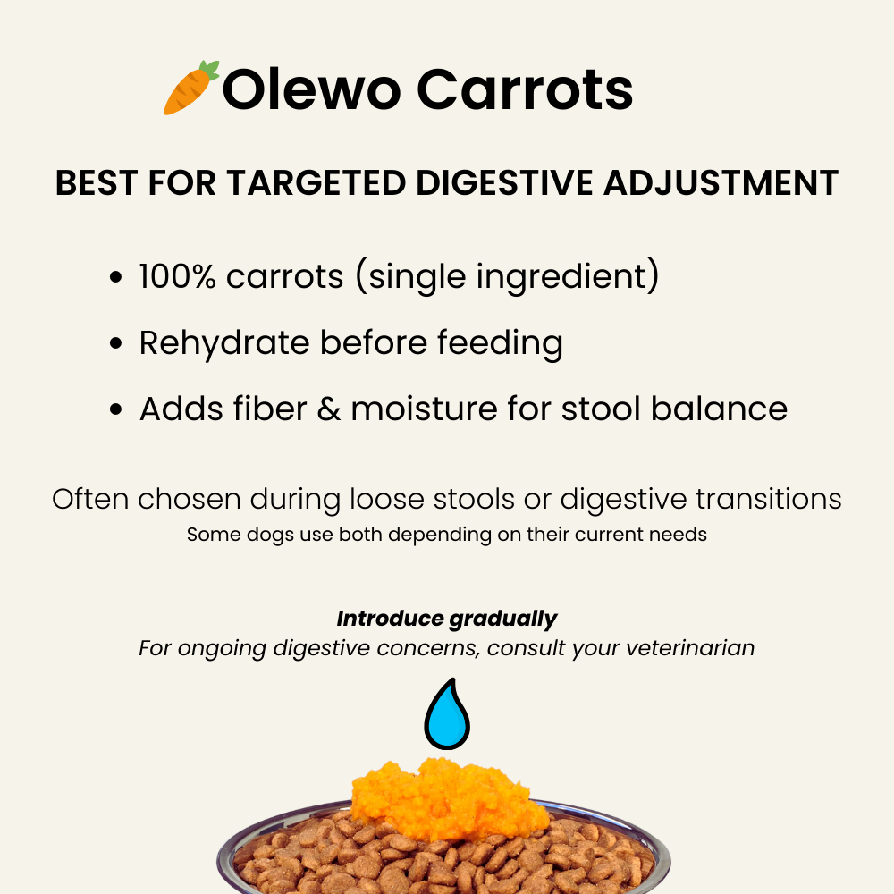Infographic showing the benefits of Olewo Carrots dog food topper with a bowl of kibble and rehydrated carrots added on top.
