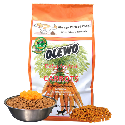 Olewo Carrots bag behind dog food bowl and a pile of carrot pellets