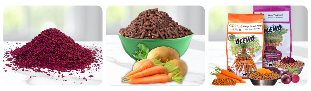 Display of Olewo products showing a pile of red beet granular, a bowl of Rootsies pellets, Olewo product bags and fresh ingredients on kitchen counter