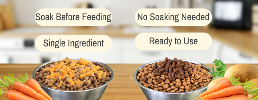 Two bowls of kibble on a kitchen counter, one topped with rehydrated carrot pellets and one topped with ready-to-use Rootsies vegetable pellets, shown with fresh vegetables.