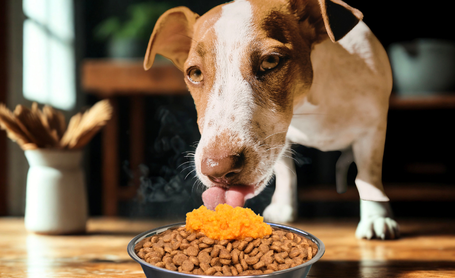 Dog in a comfortable kitchen setting licking a pureed carrot topper on top of his bowl filled with kibble.