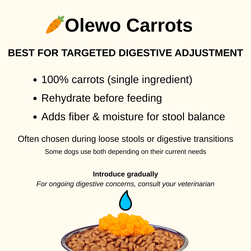 Infographic comparing Olewo Carrots dog food topper, showing a bowl of kibble topped with rehydrated carrots and highlighting targeted digestive support.
