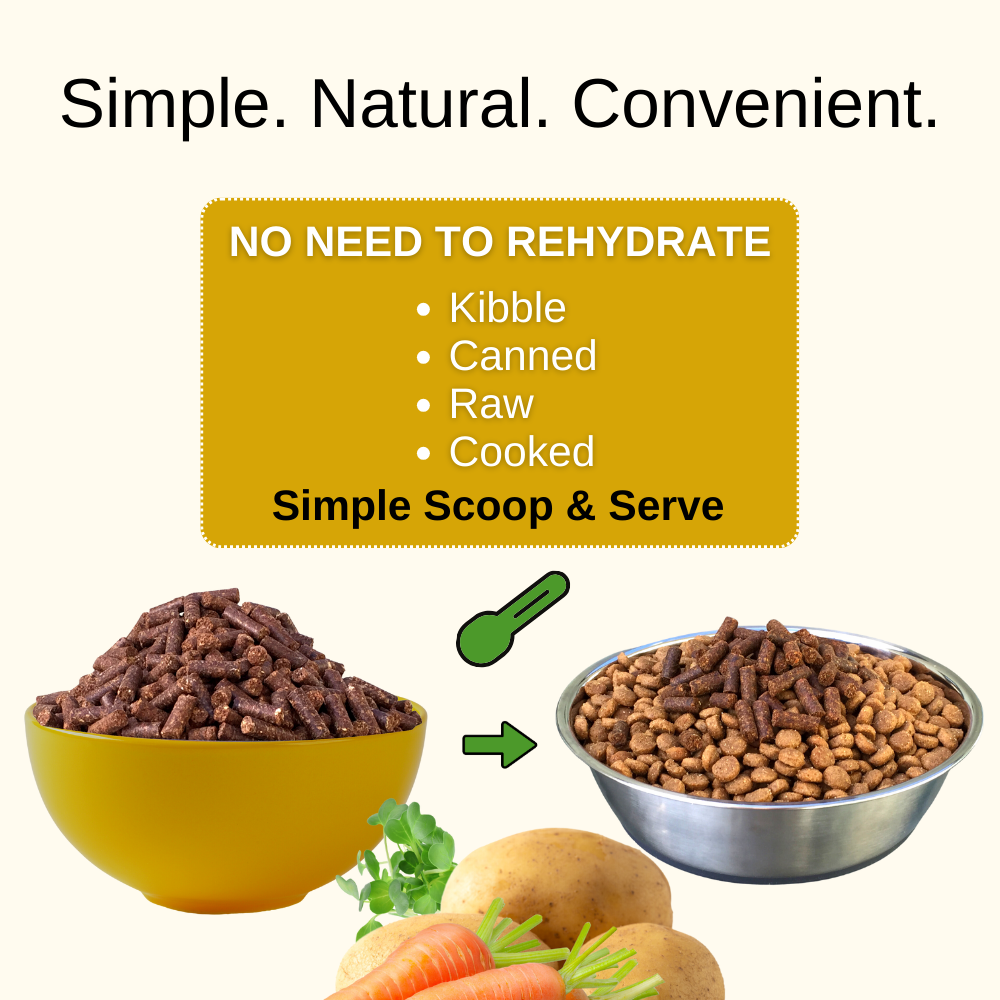 Easy preparation graphic showing how to simply scoop and serve Olewo Rootsies with a dog's food.